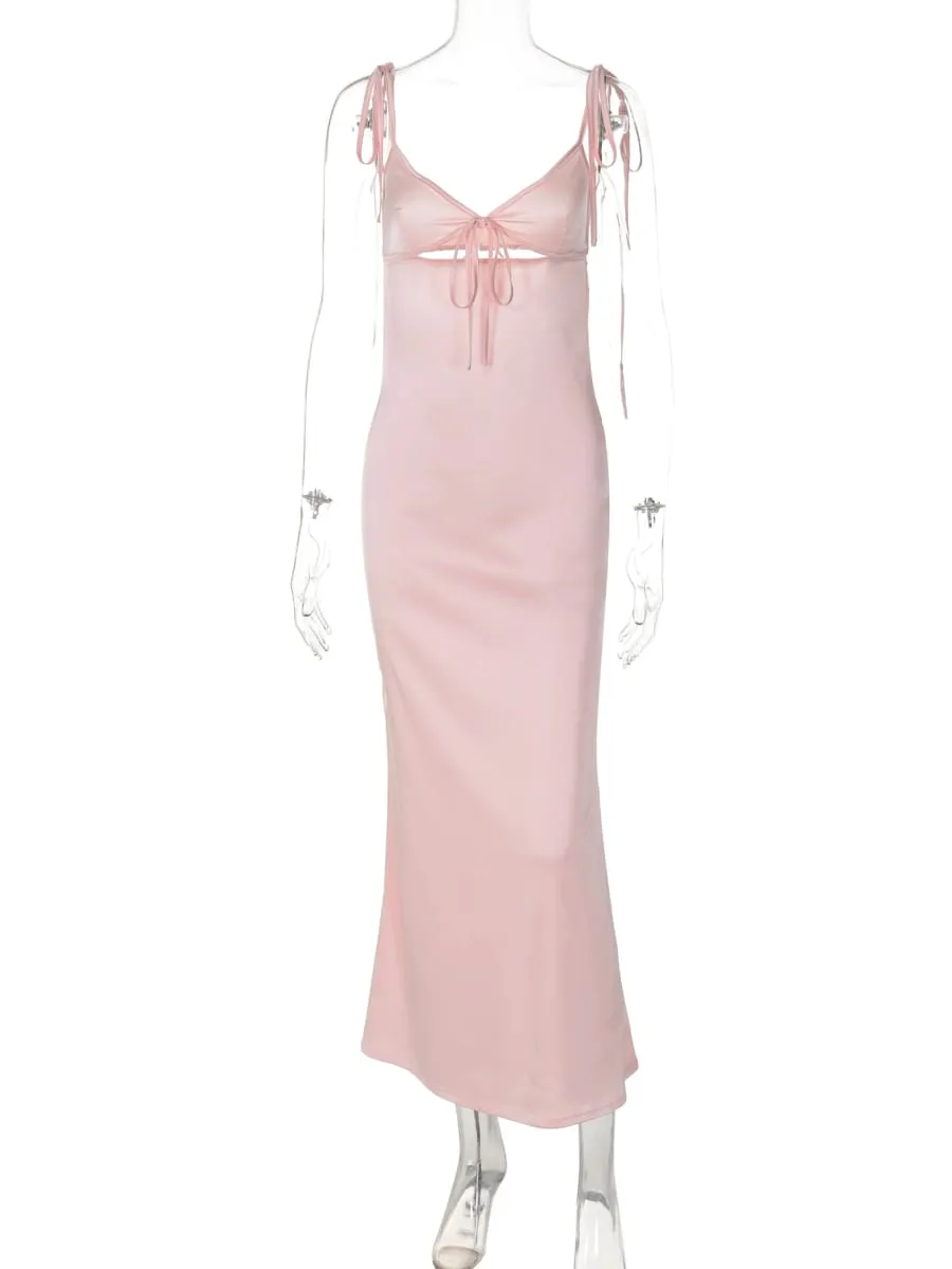 Hugcitar V Neck Solid Slips Backless Hollow Out Lace Up Sexy Bodycon Maxi φόρεμα χορού Καλοκαιρινό Γυναικεία Κομψά ρούχα Πάρτι γενεθλίων