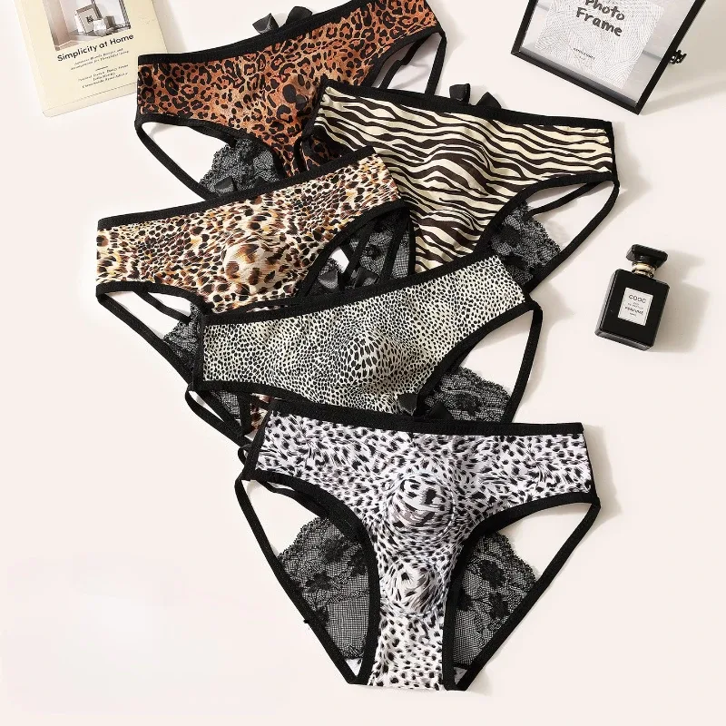 Men's Sexy Underwear Hollow Lace Back Sheer Panties Ice Silk Leopard Printed 3D Bullet Separation Pouch Sissy Underwear