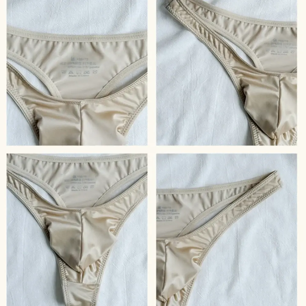 1pc Men Satin-like Glossy Ice Silk G-string Solid Low-Waist Shiny Smooth Thong Bulge Pouch Thong Thin Transparent Underwear