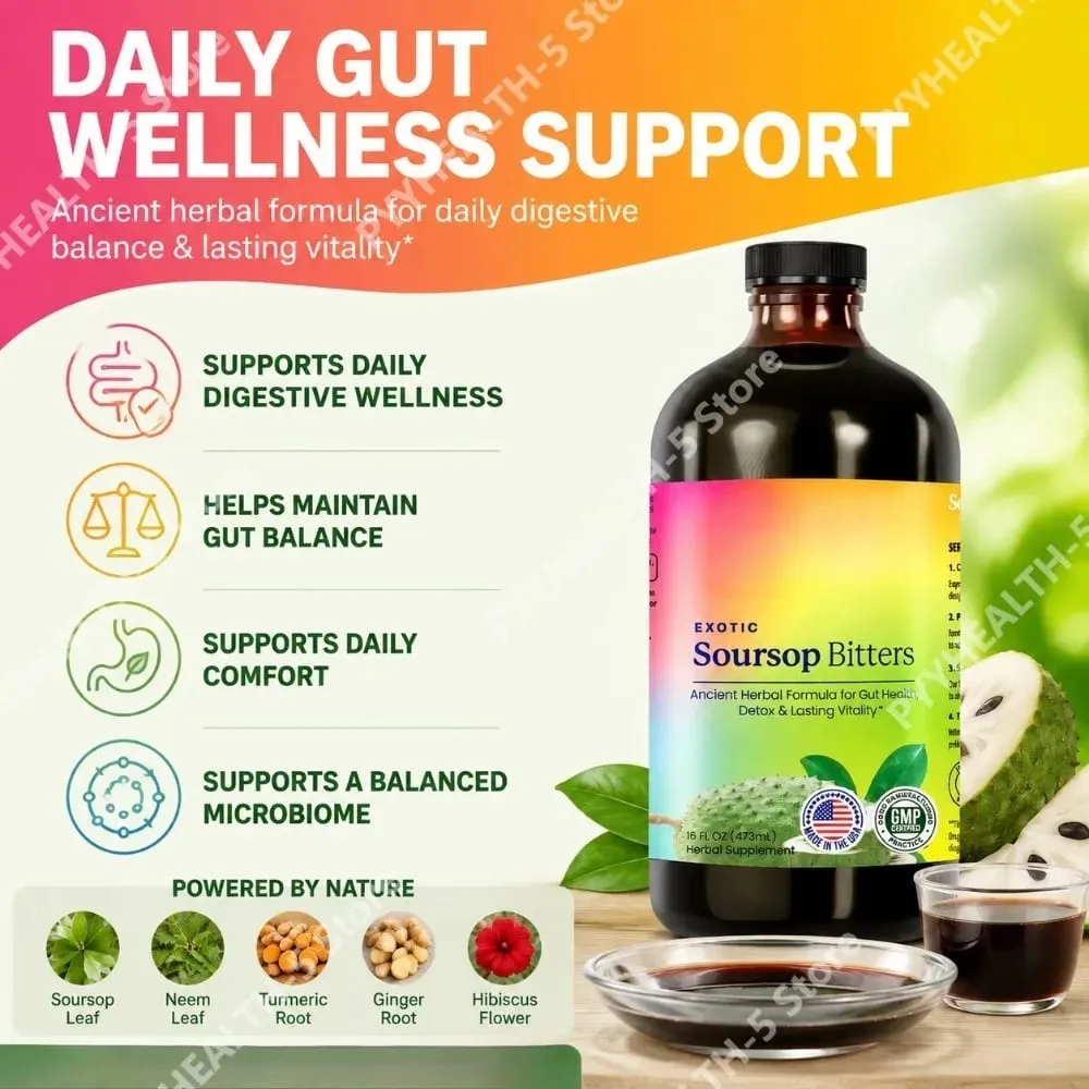 Herbal Soursop Bitters Liquid Supplement Black Seed Moringa Irish Moss Drops para sa Gut Digestive Wellness Immune 16 Fl Oz(473ml)