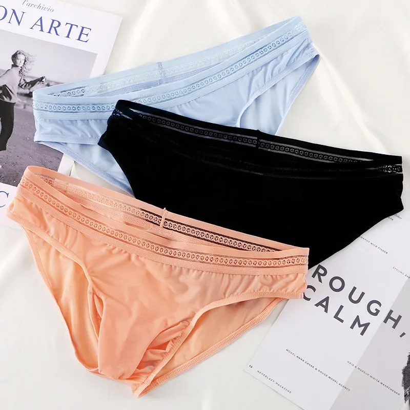 New Men's Ice Silk Briefs Ultra-thin Quick Dry High Elastic Lace Waistband Panties Sexy Seamless Breathable Bikini Underwear