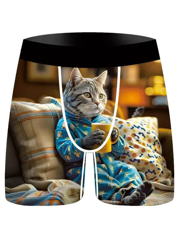 3Pcs Men Boxer Briefs Cute Lazy Cat 3D Print Underwear Soft Stretch Male Underpants Funny Novelty Gift Boxer Shorts