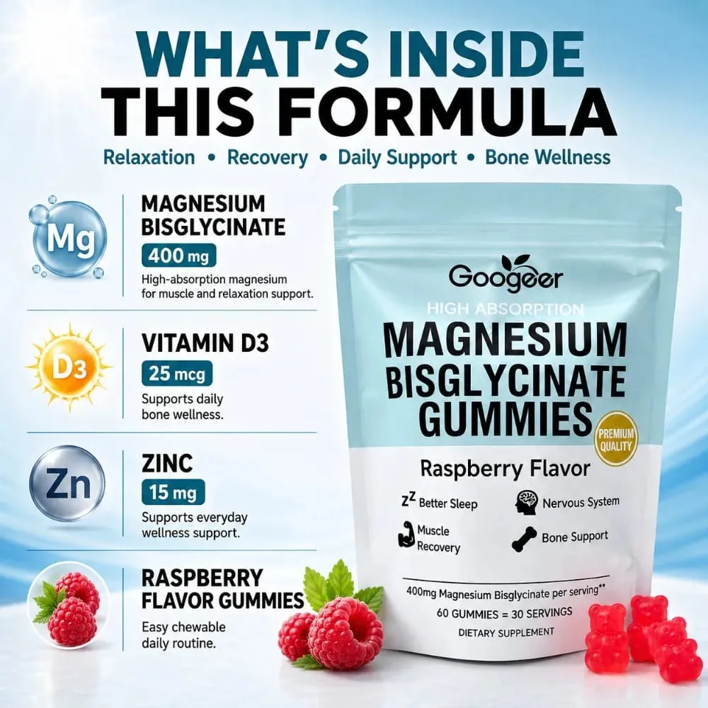 Magnesium Bisglycinate Gummies Raspberry Flavor 400mg Magnesium Vitamin D3 Zinc High Absorption 60 Count Daily Supplement