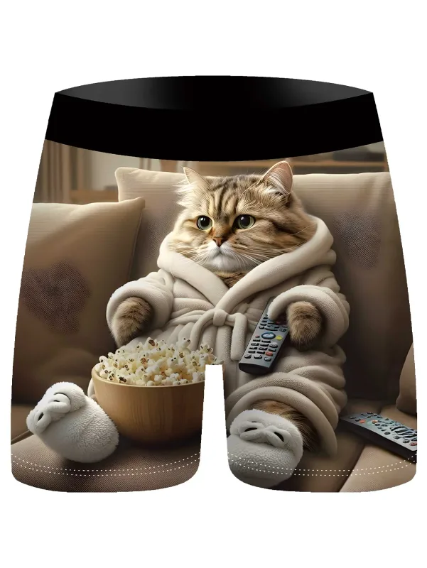 3Pcs Men Boxer Briefs Cute Lazy Cat 3D Print Underwear Soft Stretch Male Underpants Funny Novelty Gift Boxer Shorts