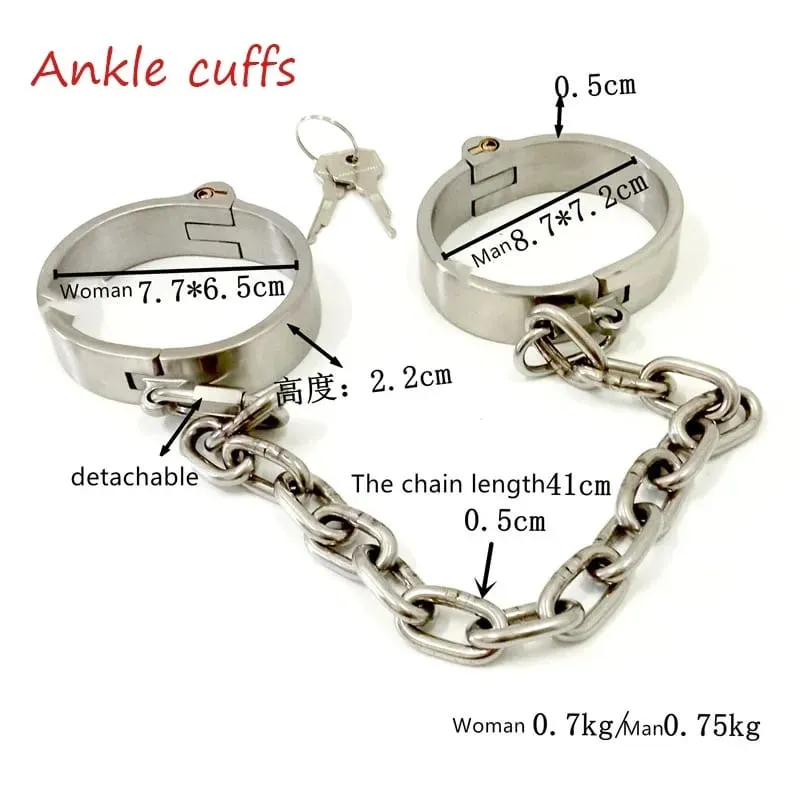 Stainless Steel Lockable Neck Collar Hand Ankle Cuffs Slave BDSM Tool Bondage Handcuffs Leg Irons Restraints Sex Toy for Couples