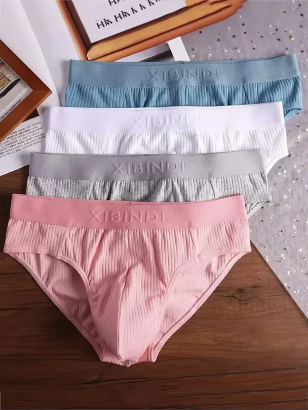 4-Piece Men's Cotton Ribbed Briefs Set - "XIBINDI" Embossed Waistband Underwear (Blue/White/Gray/Pink)