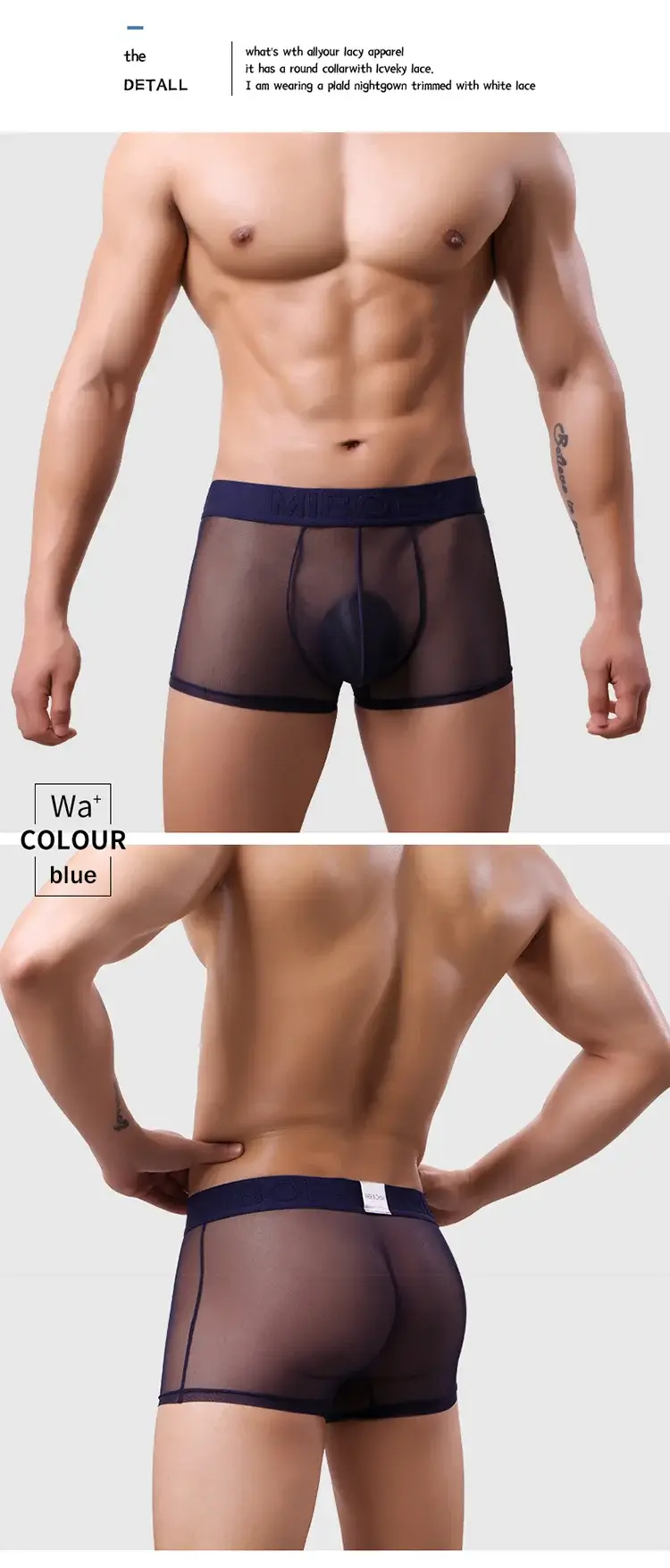 Men's Transparent Full Mesh Boxer Briefs See-Through Underwear Low Rise U-Pouch Breathable Sexy Low-Rise Elastic Waistband