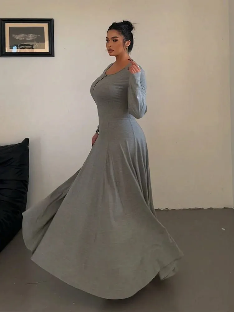 Nagyméretű egyszínű kötött elegáns A-vonalú Flowy maxi ruha | Női hosszú ruha | Alkalmi és ingázó stílus