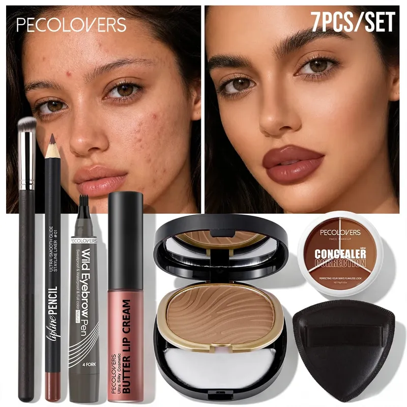 Σετ Μακιγιάζ Προσώπου 7 ΤΕΜ. Concealer μακράς διαρκείας Contour Powder Lip Cream Αδιάβροχο στυλό φρυδιών με πινέλο μακιγιάζ
