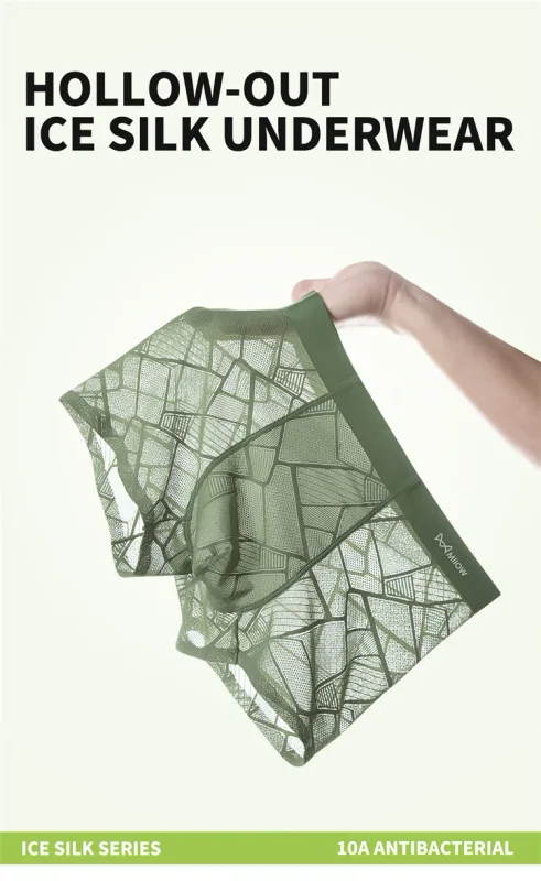 MiiOW 3Pcs Hollow-out Ice Silk Men Underwear Boxers Silky Breathable Man Underpants 10A Antibacterial Crotch Men's Boxer Panties
