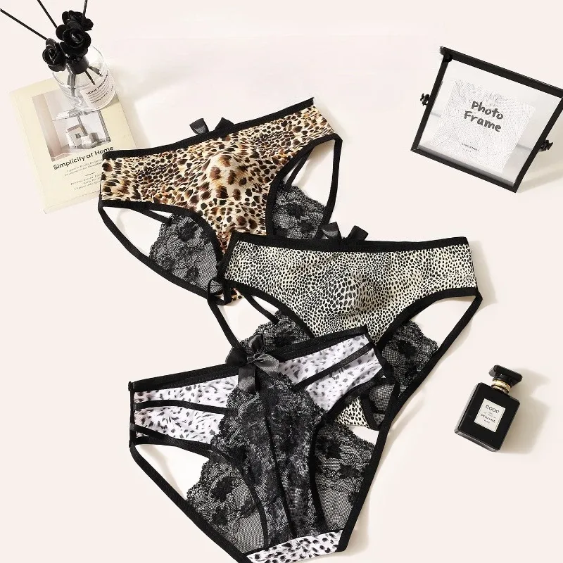 Men's Sexy Underwear Hollow Lace Back Sheer Panties Ice Silk Leopard Printed 3D Bullet Separation Pouch Sissy Underwear