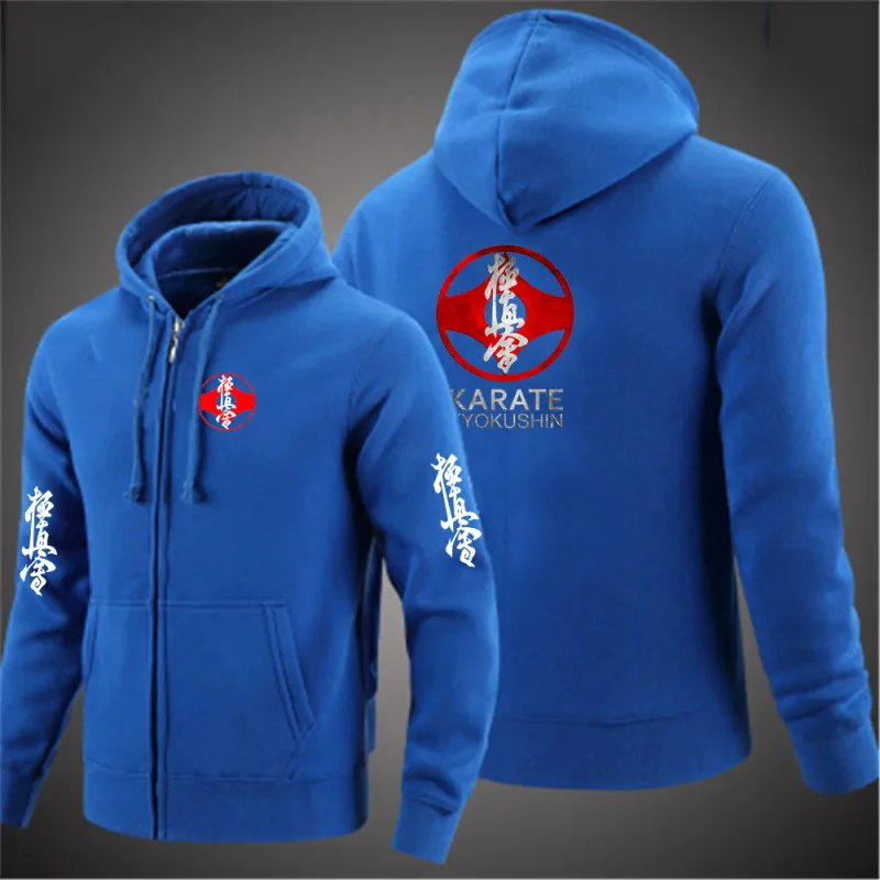 Kyokushin Karate Printed Hooded Long Sleeve Men Jacket Drawstring Zipper Closure Solid Color Casual Sweatshirt Clothing
