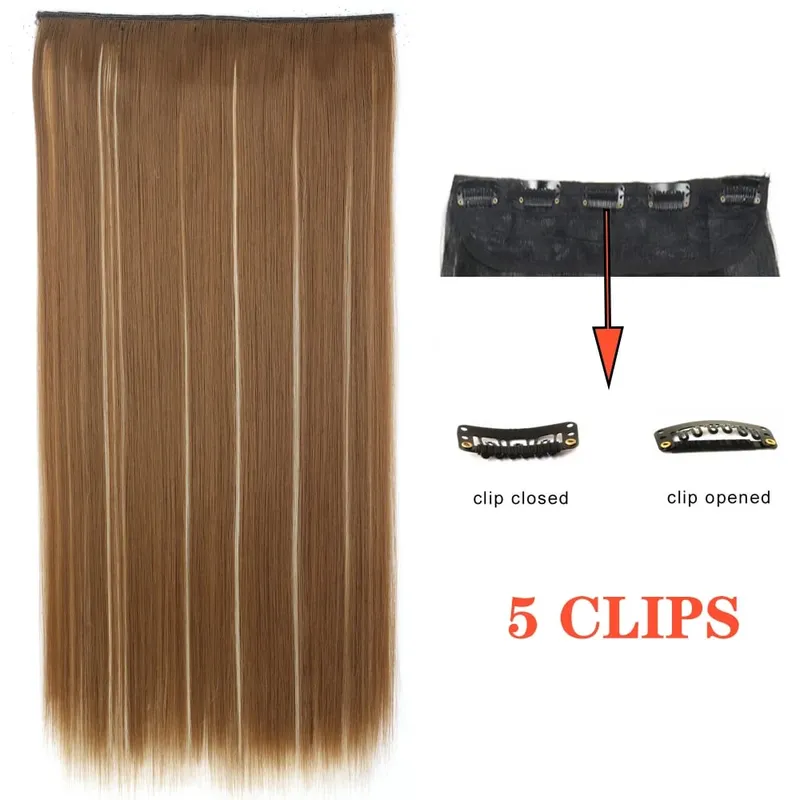 Synthetic Long Wave 5 Clips Hair Extensions Clips in High Temperature Fiber Black Brown Hairpiece