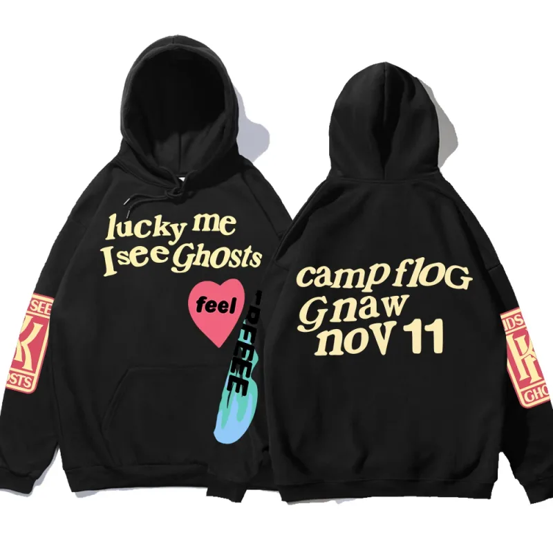 Graffiti-Buchstabe gedruckt lose Kapuze Kanye Sweatshirts Männer übergroße Fleece Luck Me I See Ghosts Hoodie Unisex Pullover Hoody