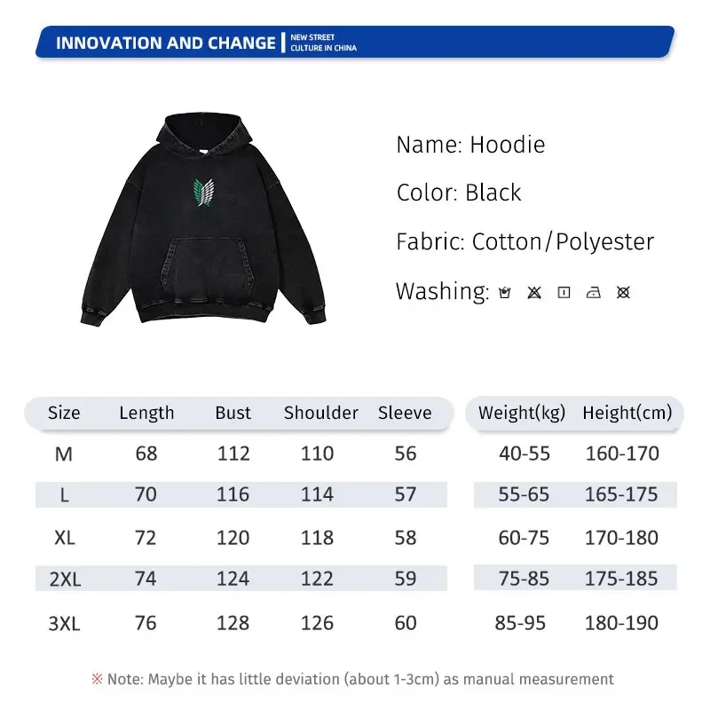 Anime Levi Hoodies Vintage Washed A-Attack on Titan Hoodie Casual Manga Yeager Eren Hooded Sweatshirts Titan Attack Pullover