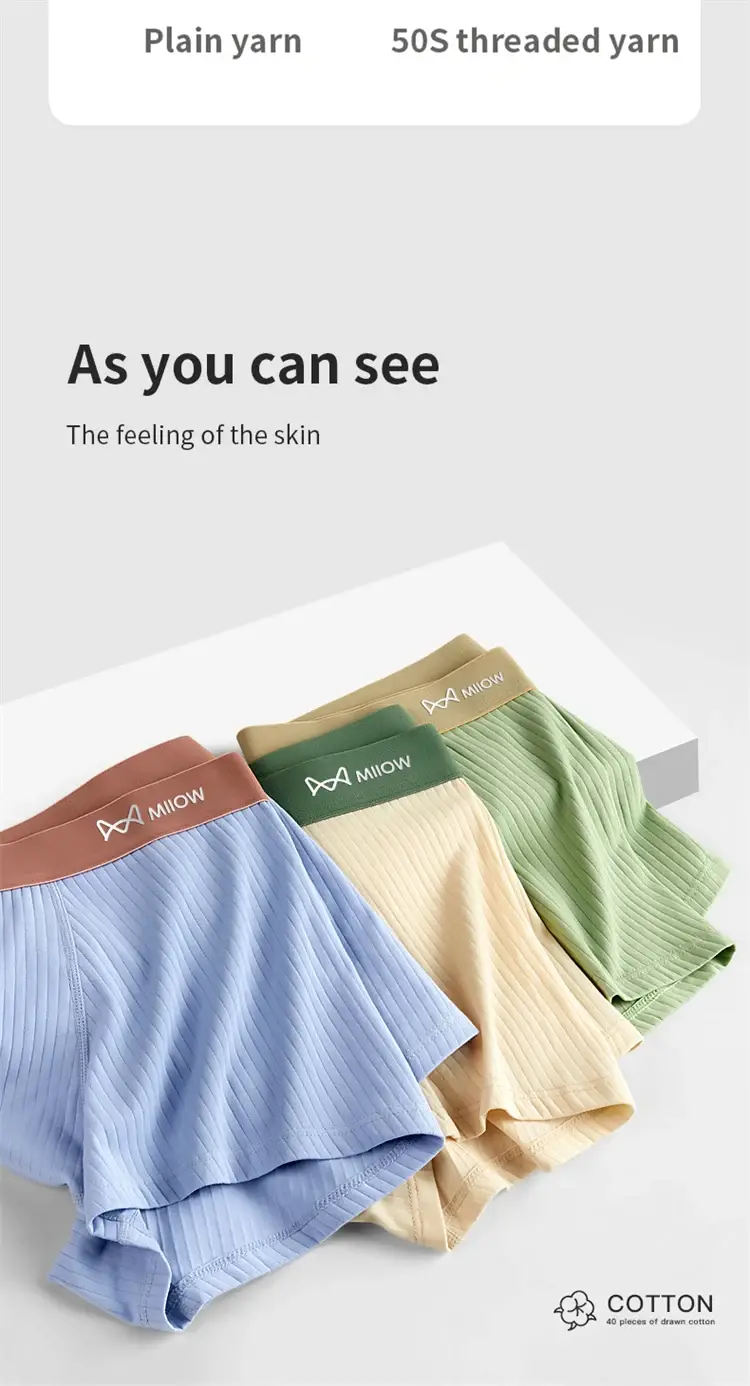 MiiOW 3Pcs Men's Striped Funny Boxer Shorts Underwear Antibacterial Crotch Underpants Man Breathable Cotton Lingerie Panties
