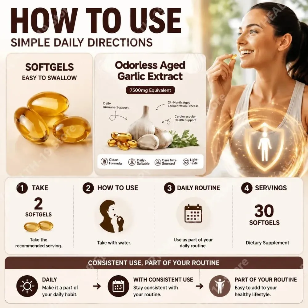 Άοσμο παλαιωμένο εκχύλισμα σκόρδου Softgels 7500mg ισοδύναμης 24-μηνης ζύμωσης για ανοσοκαρδιομεταβολική υποστήριξη Ενήλικες 30 Αριθμός