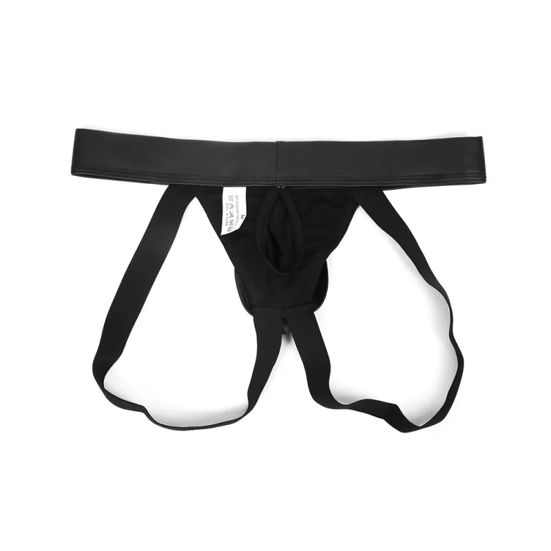 Men Faux Leather Gstring Thongs Underwear with Detachable Pouch Open Butt Low Waist Underpants for Comfortable Wear