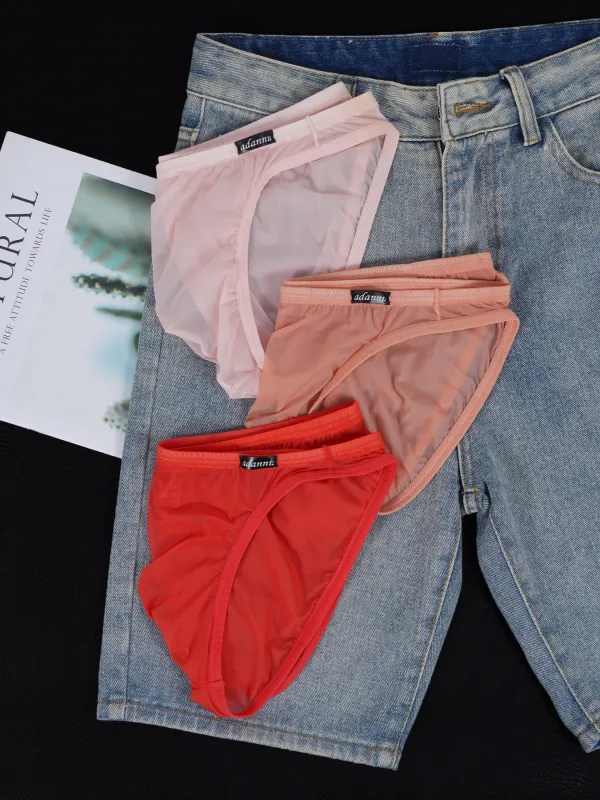 3 PCS Men's Ice Silk Cool U Convex Pouch Mesh Sheer Sexy Briefs Slim Thin Waistband Body Shaping Multicolor Underwear