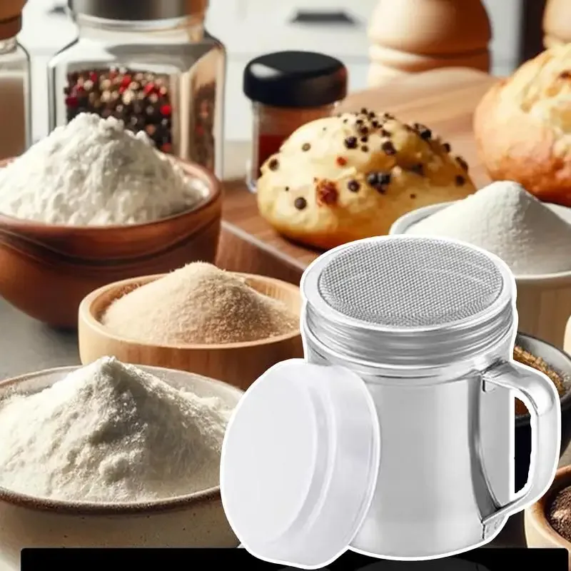 Roestvrijstalen shaker Poedersuikerschudbeker met handvat Metalen shakers Fijnmazige peperschudbekers Zout- en peperschudbekers