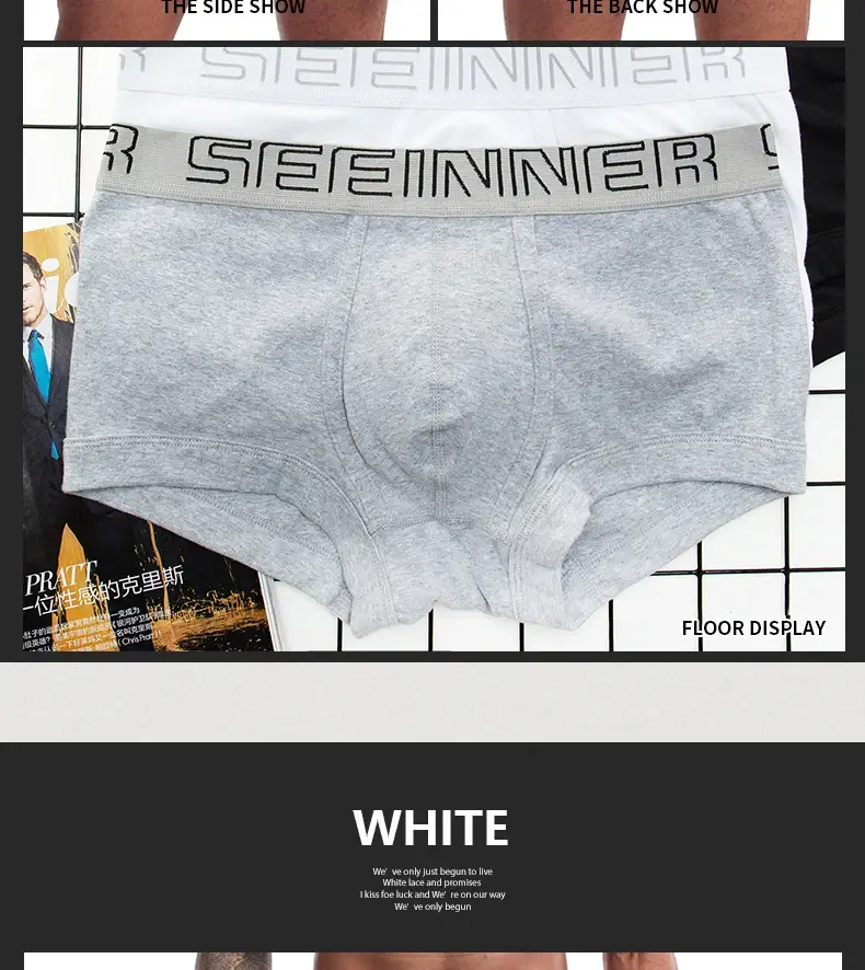 Seeinner Mens Boxer กางเกงขาสั้นผ้าฝ้าย U กระเป๋านูนชุดชั้นในนุ่มสบายกางเกง Cueca Masculina M-XXL สีดำสีขาวสีเทา