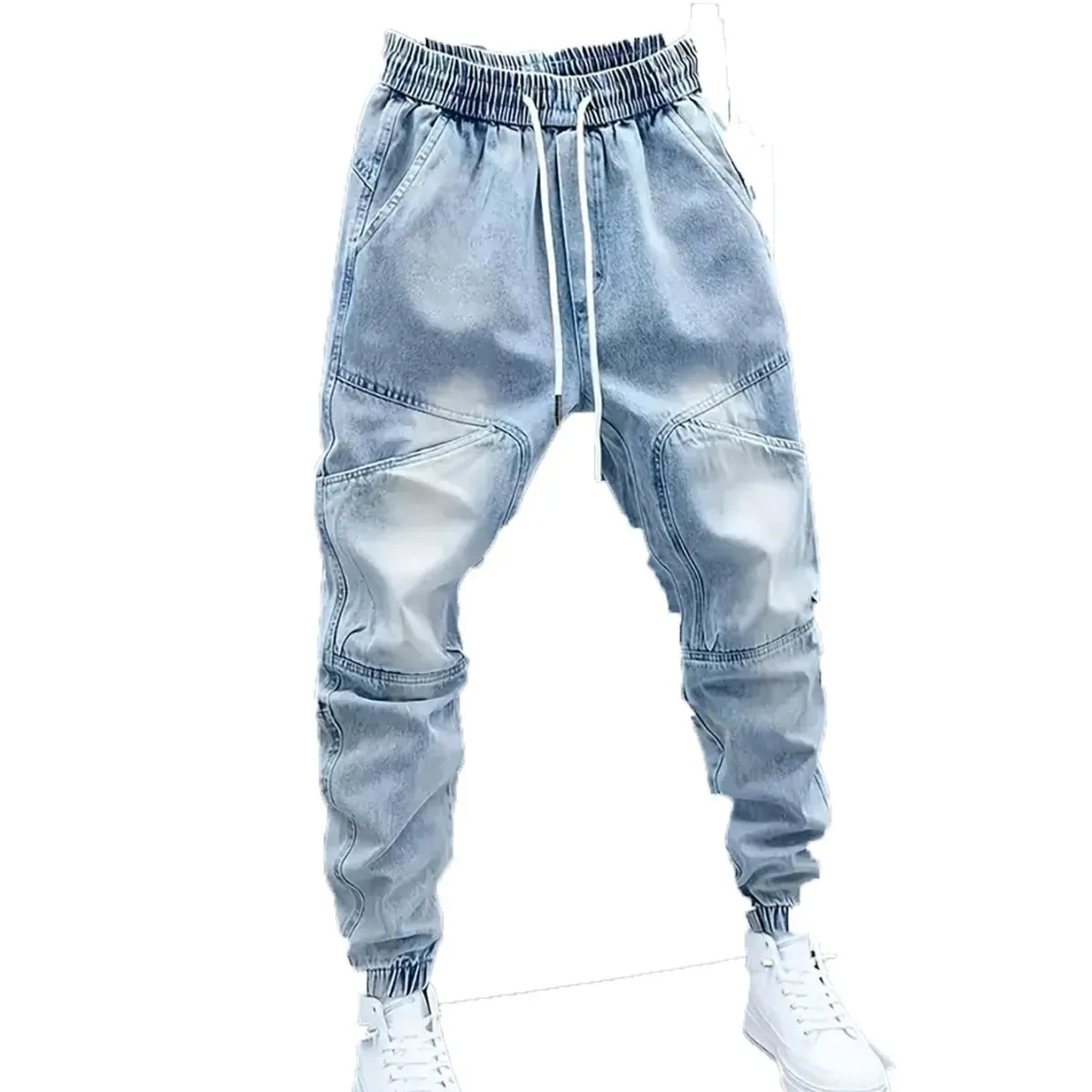 Férfi új húzózsinóros derékrész világoskék mandzsettás baggy farmer