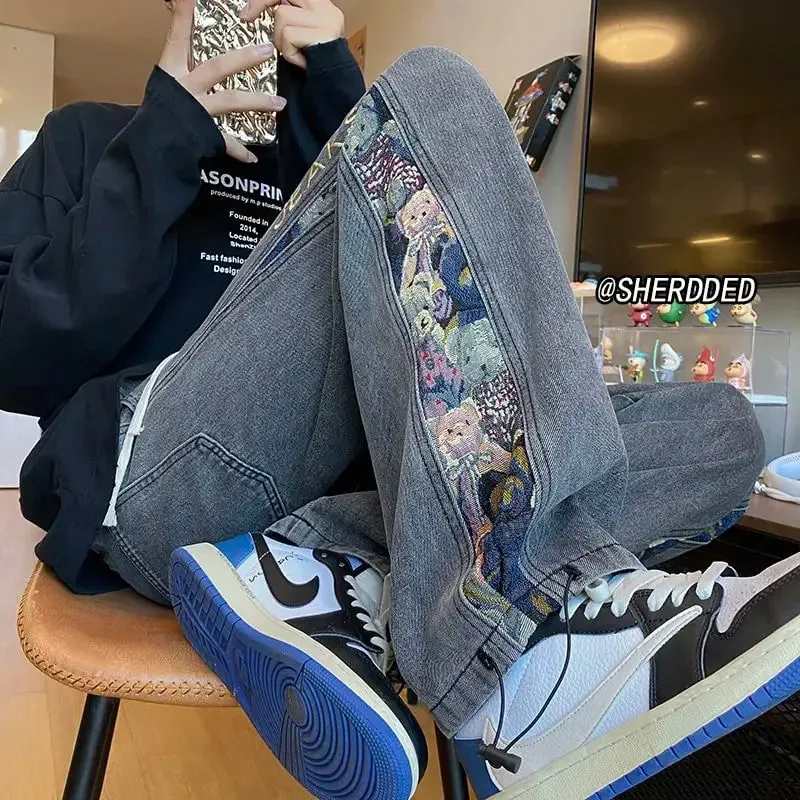 2023 Embroidered Bear Jeans Ανδρικά Άνοιξη Φθινόπωρο ίσιο πόδι χαλαρό συν με φαρδύ πόδι μάρκα American High Street Casual παντελόνι