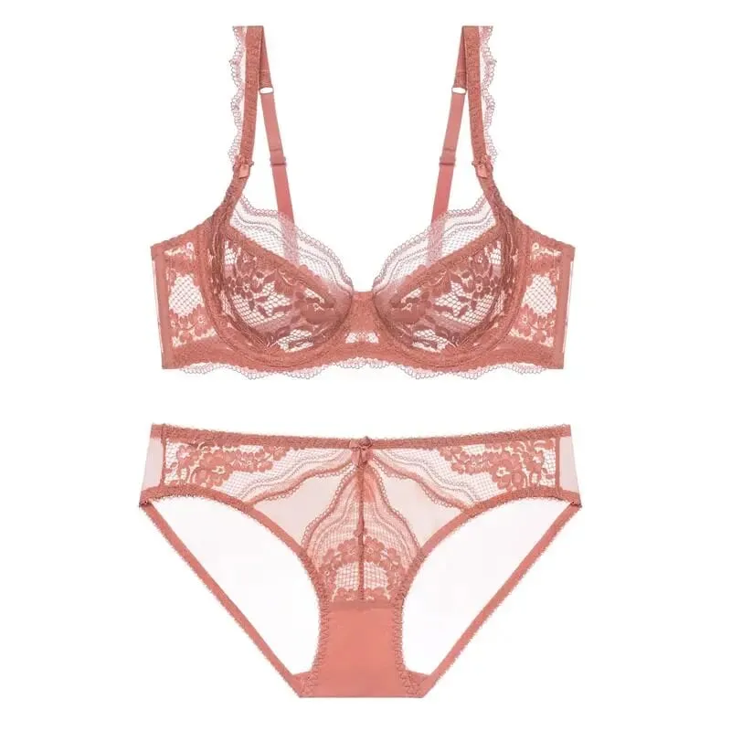 Plus Size Full Bust Minimizer Σετ σουτιέν Sheer Floral Lace Thin Anti Sag Support Διάφανα εσώρουχα Γυναικεία αναπνέοντα οικεία