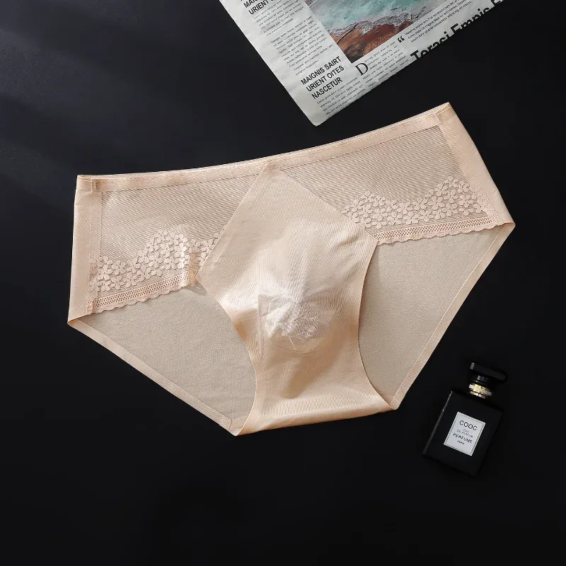 Men Briefs Summer Ultra-Thin Ice Silk Panties 3D Stamping Silk Splicing Lace See Through Underwear Seamless Sissy Underpants