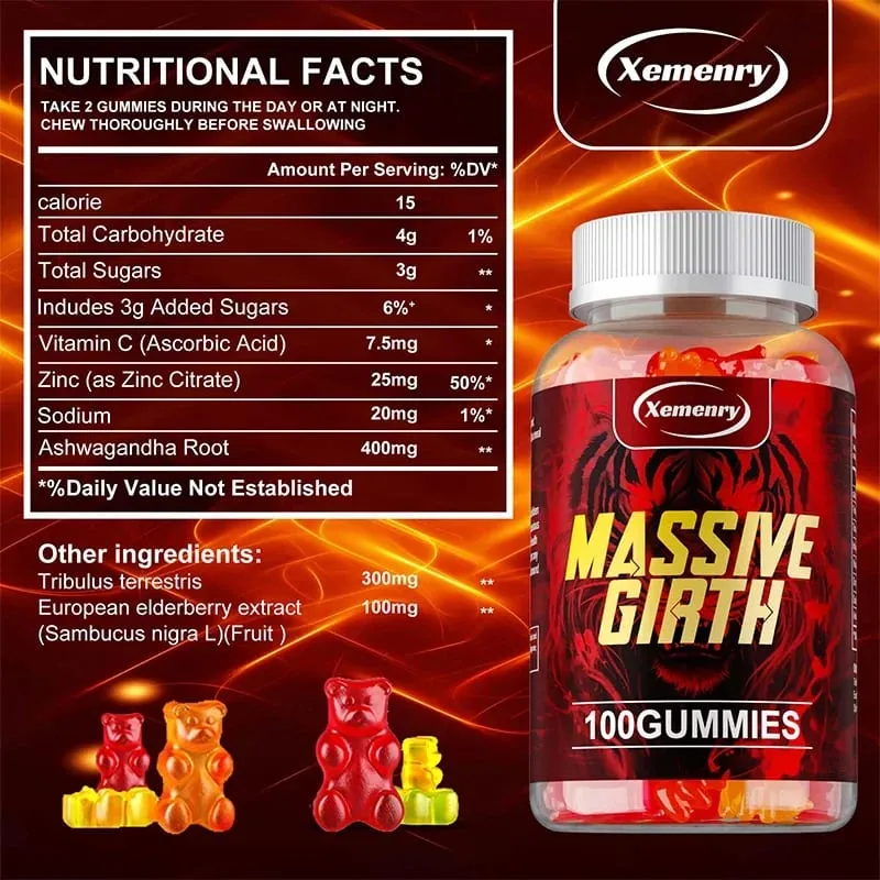 Massive Girth Gummies for Men - Men's Vitality Enhancer Increase Size and Stamina Boost Strength and Confidence Vegan