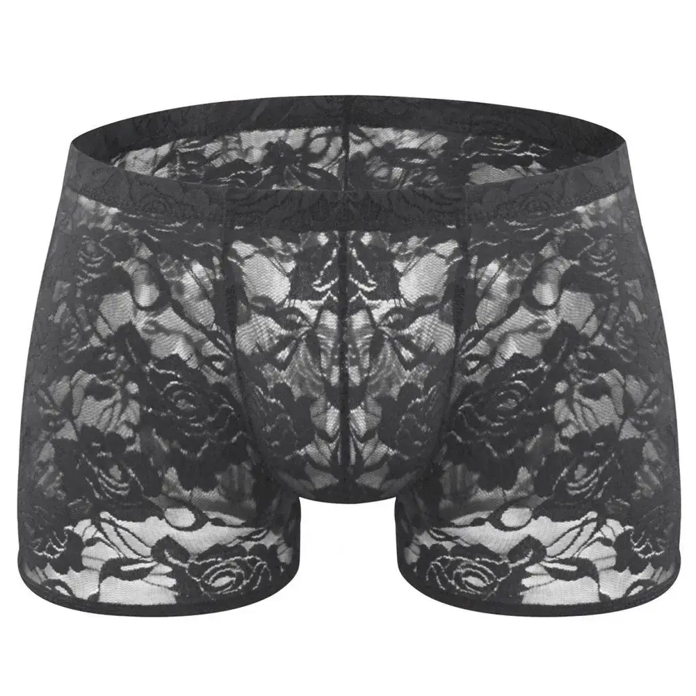 Men See Through Lace Boxer Shorts Bulge Pouch Low Waist Underwear Solid Panties Elastic Waist Breathable Transparent Underwear