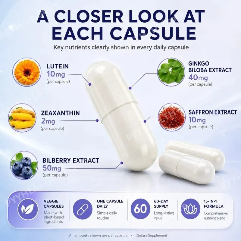 Premium 15-in-1 Advanced Eye Formula na may Lutein Zeaxanthin Astaxanthin Bilberry at Saffron ay sumusuporta sa Eye Wellness 60 Capsules