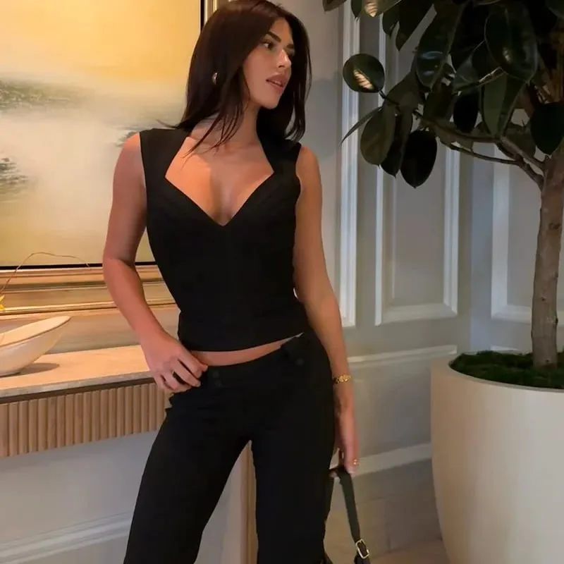 Stílusos Solid Bandage Cami felső csíkos, négyzet alakú, ujjatlan Bodycon szűk mellény 2026. nyári ÚJ Elegáns Vacation Party utcai viselet