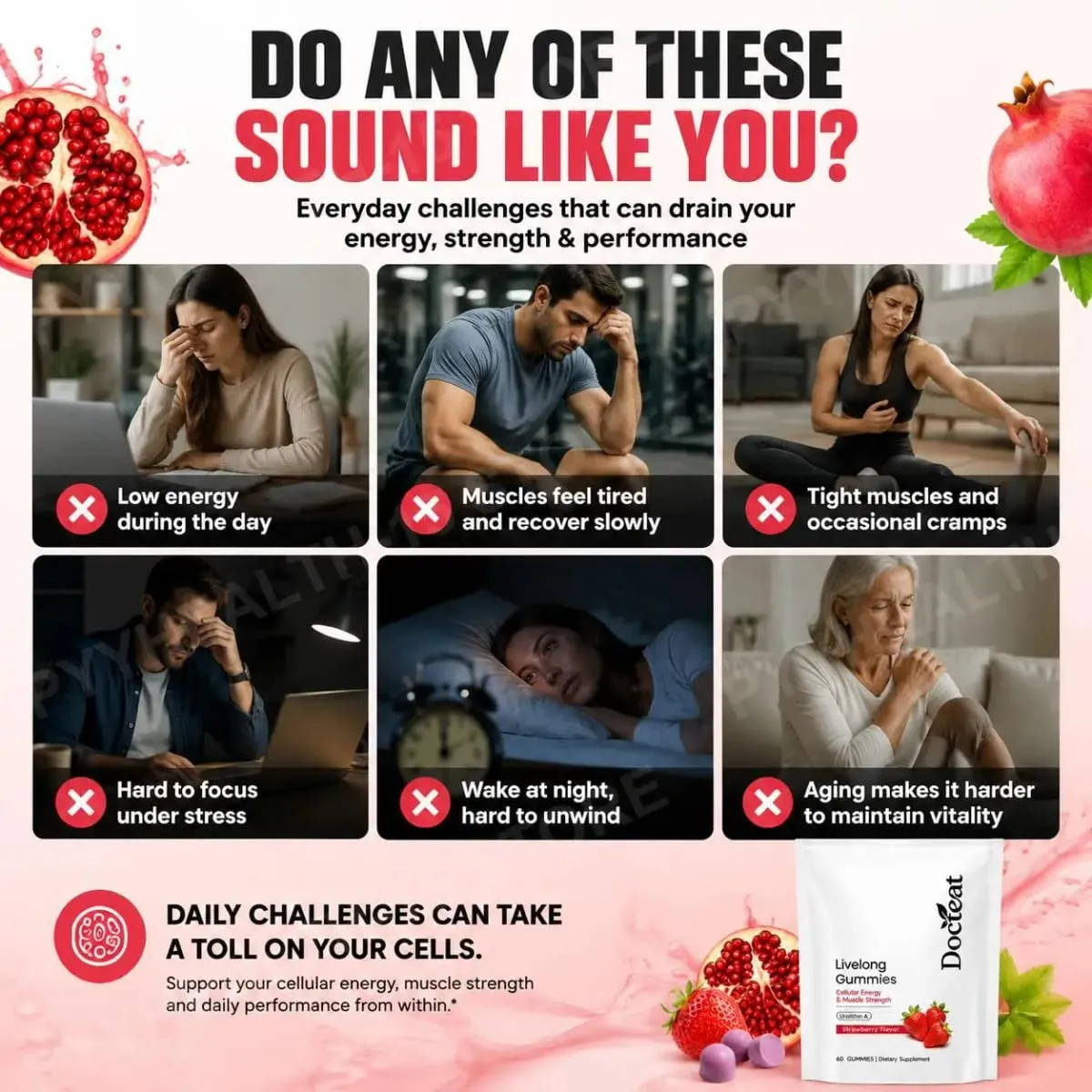 Docteat Urolithin A Gummies 500mg per Penyajian Rasa Strawberry Dukungan Kesehatan Seluler Harian 60 Gummies untuk Pria Wanita