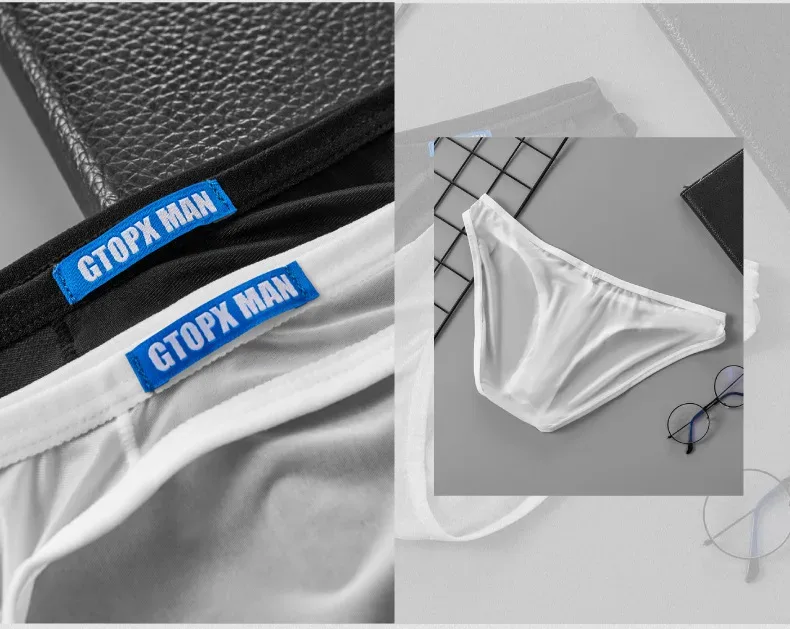 Men's Sexy Underwear Thin Ice Silk Translucent Briefs U Pouch Ropa Interior Hombre Male Panties