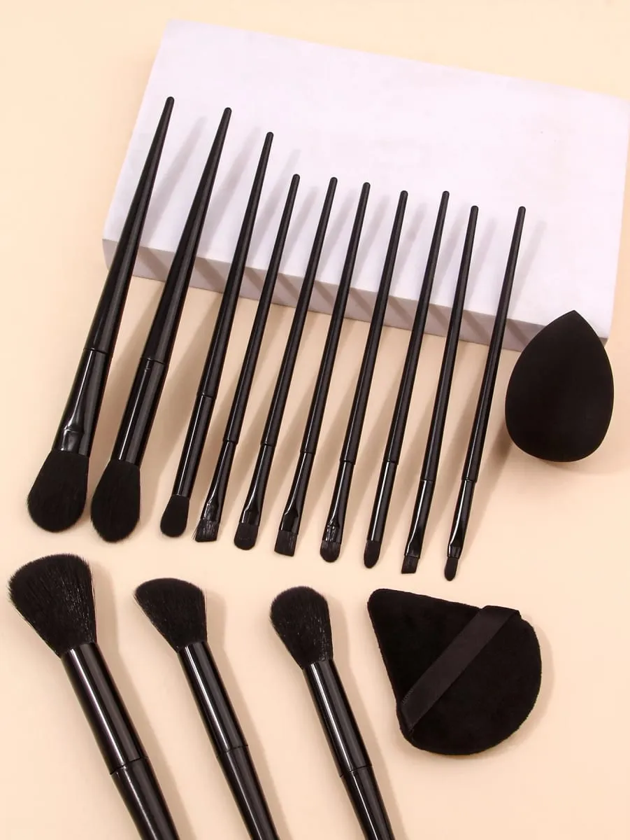 13pcs Black Makeup Brush Set Soft Powder Brush Portable+1pcs Triangular Sponge Puff+1pcs Foundation Make-up Sponge Beauty Egg