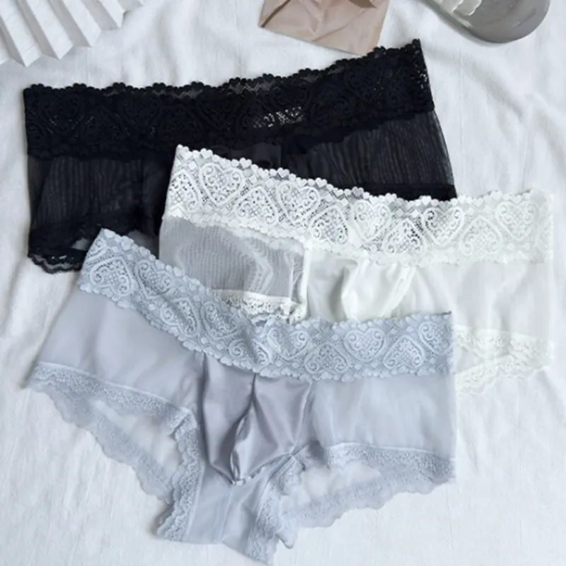 Men Ice Silk Lace Trim Thin Seamless Briefs Glossy 3D Pouch Lightweight Underwear Panties Comfortable Daily Lingerie
