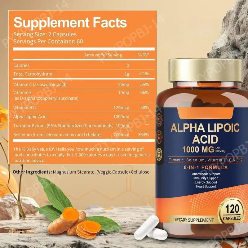 Άλφα Λιποϊκό Οξύ 6-σε-1 Φόρμουλα 1000mg Κουρκουμάς Σελήνιο Βιταμίνες C E B12 120 Veggie Κάψουλες για Καθημερινή Υποστήριξη Ευεξίας