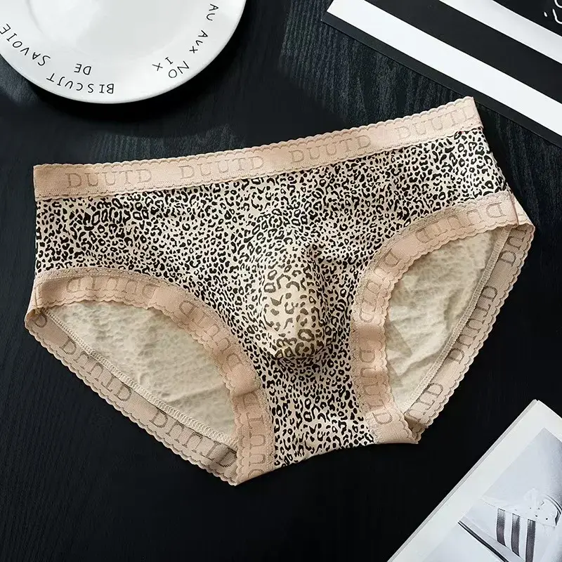 Men's French Lace Briefs Sexy 3D U Convex Pouch Underpant Summer Thin Ice Silk Breathable Underwear Low-rise See Through Panties