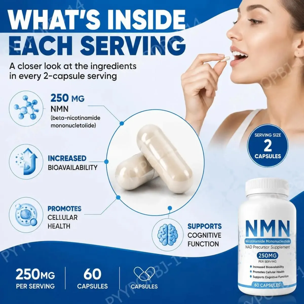 NMN Nicotinamide Mononucleotide Capsules 250 Mg Per Serving Increased Bioavailability Promotes Cellular Health 60 Capsules