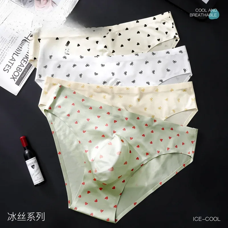 Male Seamless Ice Silk Briefs Cute Heart Bowknot Print 3D Molded Pouch Low Rise Soft Breathable Men Underpants