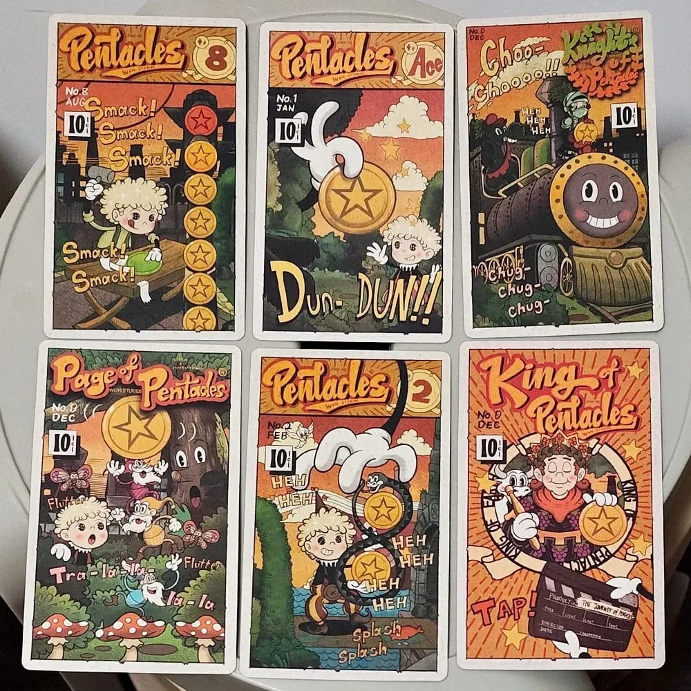 Dupla dombornyomott, 12*7 cm-es vintage gumitömlős Tarot pakli merev dobozban 78 régi rajzfilmes művészeti tarotkártya