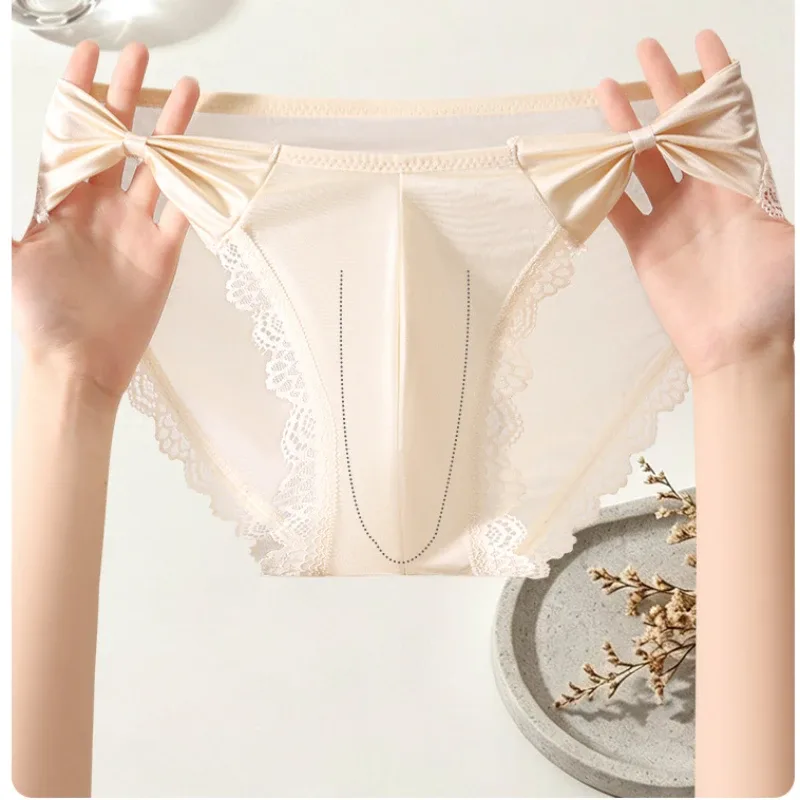 Women Panties for Men Bow High Cut Briefs Lace Mesh Sheer Underwear U Convex Pouch Breathable Underpant French Style Nightwear