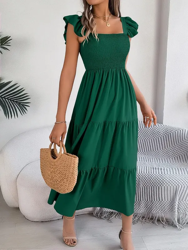 Msfilia Solid Sleeveless Square Collar A-Line Cinched Pleated Long Dress Women's Spring Summer Long Dresses