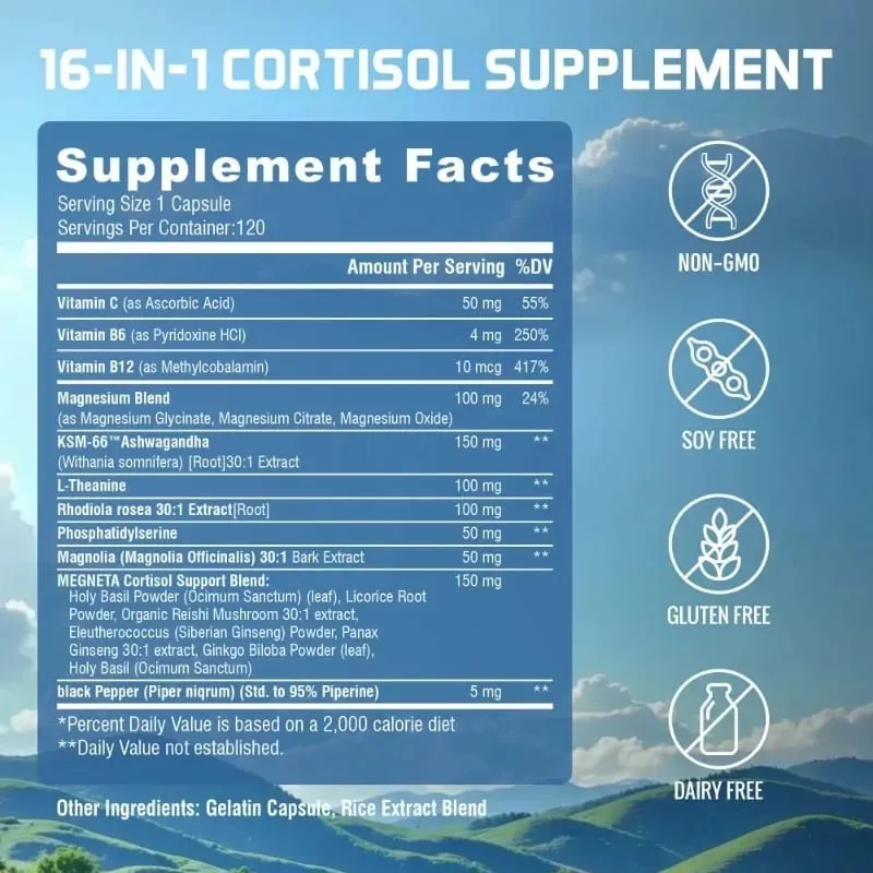 16-in-1 Super Calm Cortisol Manager Supplement - Improves Focus and Mental Clarity Relieves Fatigue for Women & Men