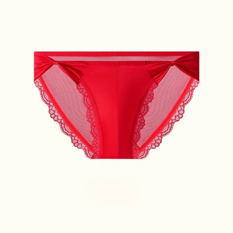 Men's Underwear High Fork Bow-Tie Lace Briefs U Convex Pouch Lingerie Underpants Ultra-Thin Ice Silk French Mesh Panties