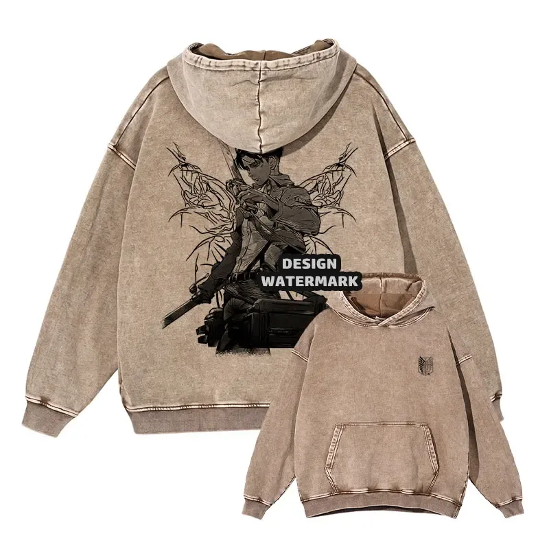 Anime Levi Hoodies Vintage Washed A-Attack on Titan Hoodie Casual Manga Yeager Eren Hooded Sweatshirts Titan Attack Pullover