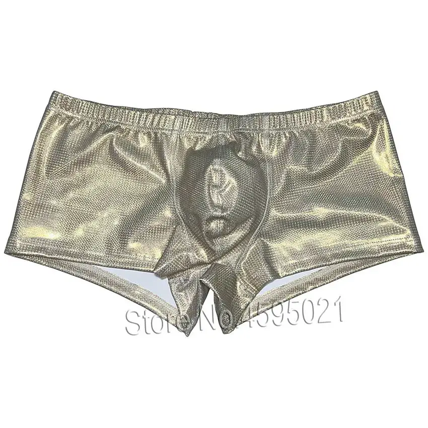 Men's Boxer Briefs Underwear Bulge Pouch Hot Trunks Metallic Leather Shorts Shiny Sporty Panties Breathable Sunbathe Party