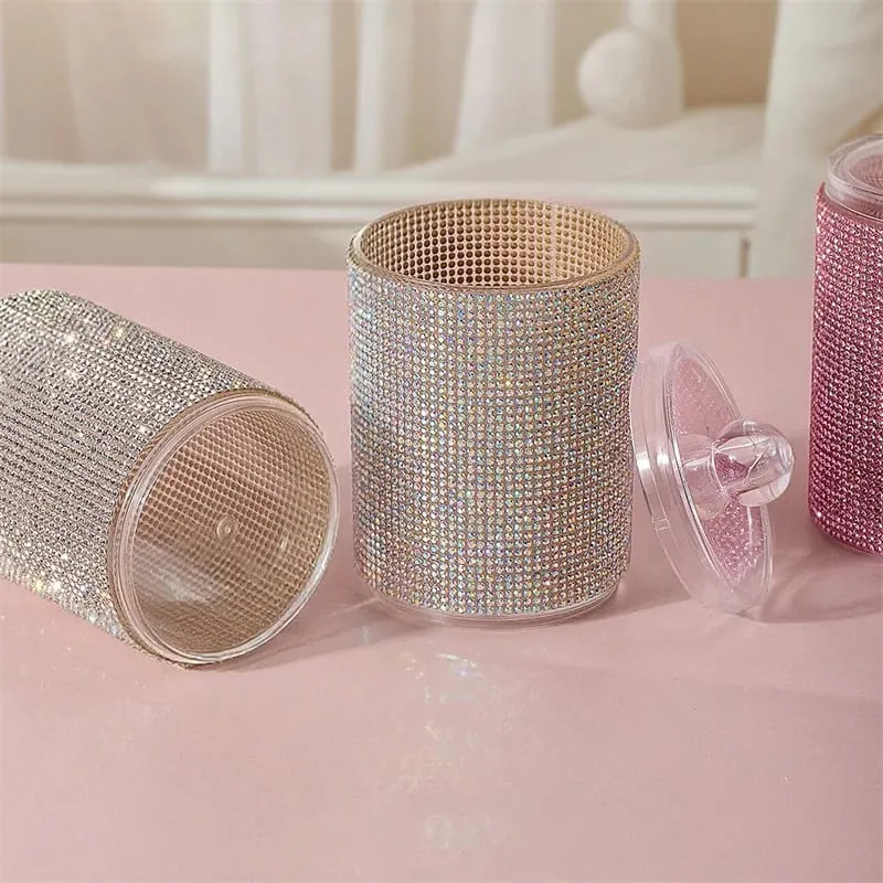 Wadah Penyimpanan Penyeka Kapas Berlian Mewah Organizer Kosmetik Rias Portabel Wadah Penyimpanan Perhiasan Tahan Debu Alat Rias