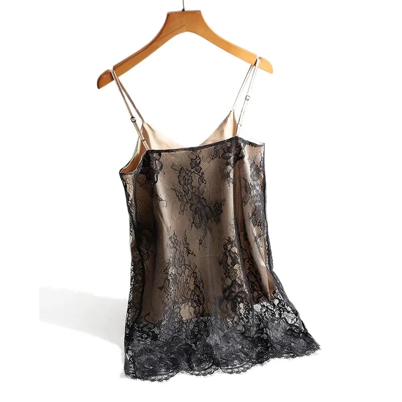 Szexi csipke spagettipántos felső női kötőfék, V nyakú Basic Cami ujjatlan szatén selyem felsők nyári camisole